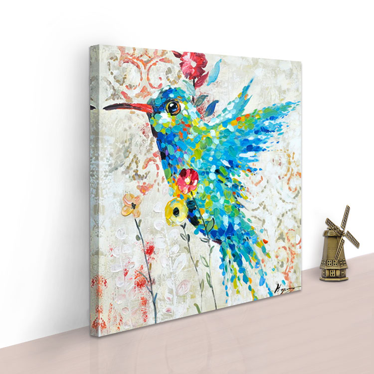 Colorful bird painting with vibrant blue and green bird surrounded by flowers on a neutral background