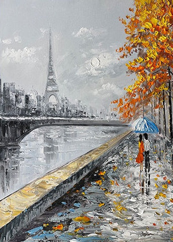 Love Profound Paris wall art with Eiffel Tower, autumn trees, and romantic couple under umbrella