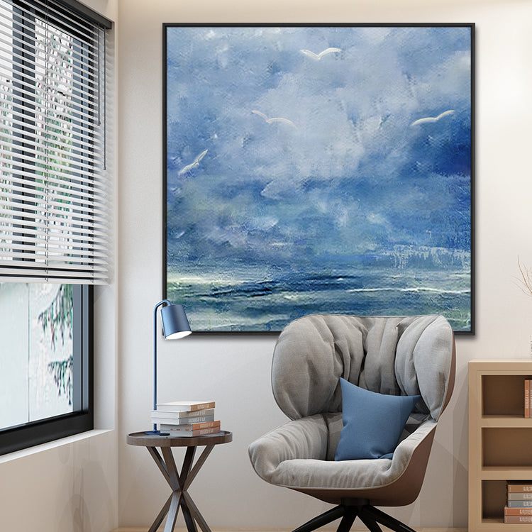 Migration painting blue abstract with birds flying in a soft sky over the sea