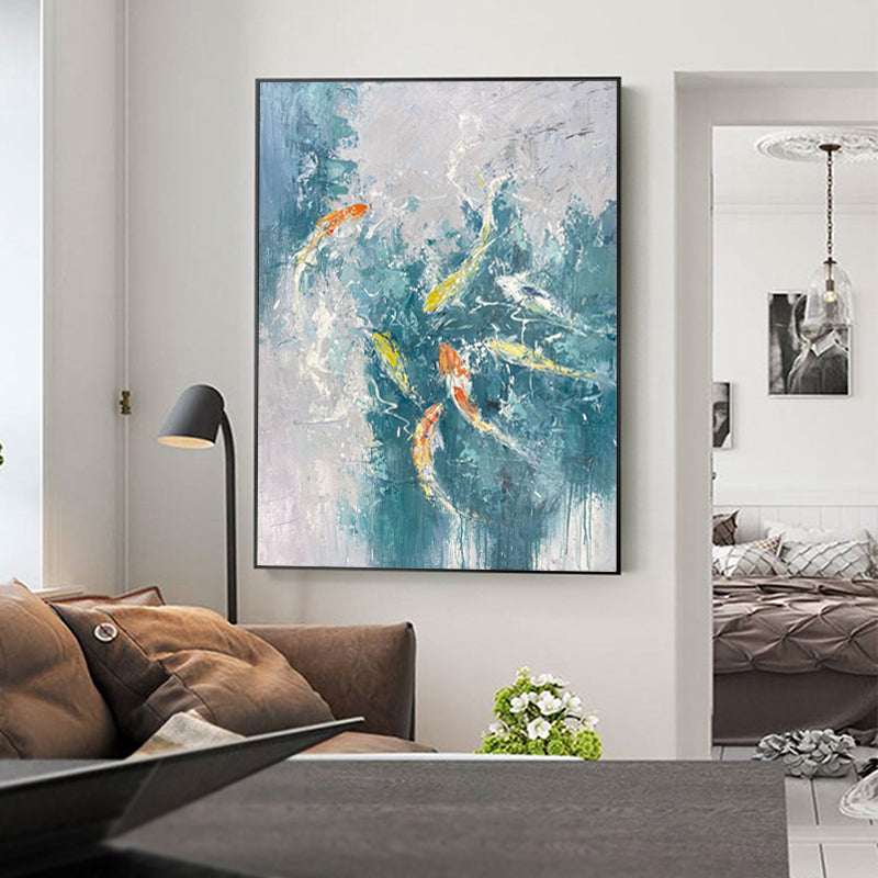 Koi fish wall art with colorful koi swimming in blue water, symbolizing prosperity and happiness