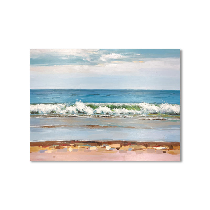 Secluded beach painting with ocean waves and sandy shore for modern wall decor