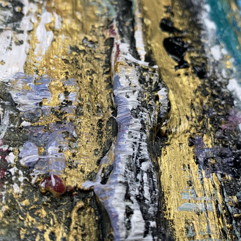 Overlooking ocean art paintings – abstract coastal seascape with blue water and horizon