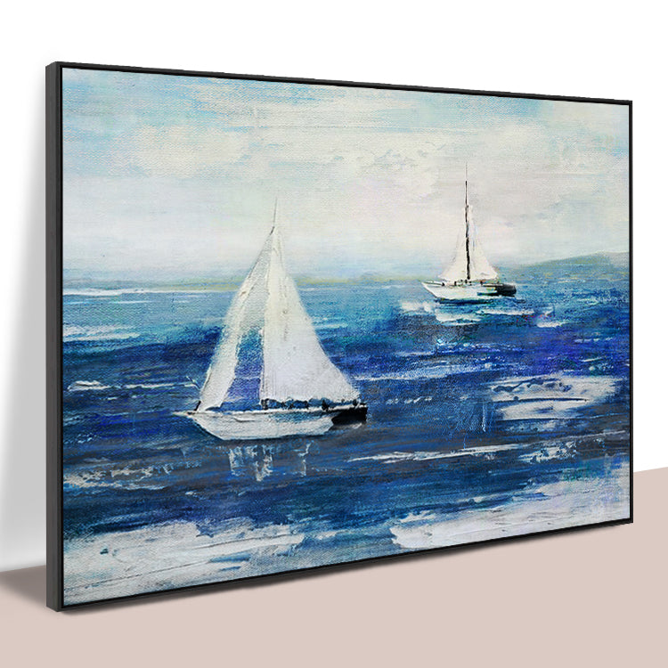 All Around The World sailboat art with two white boats on blue ocean