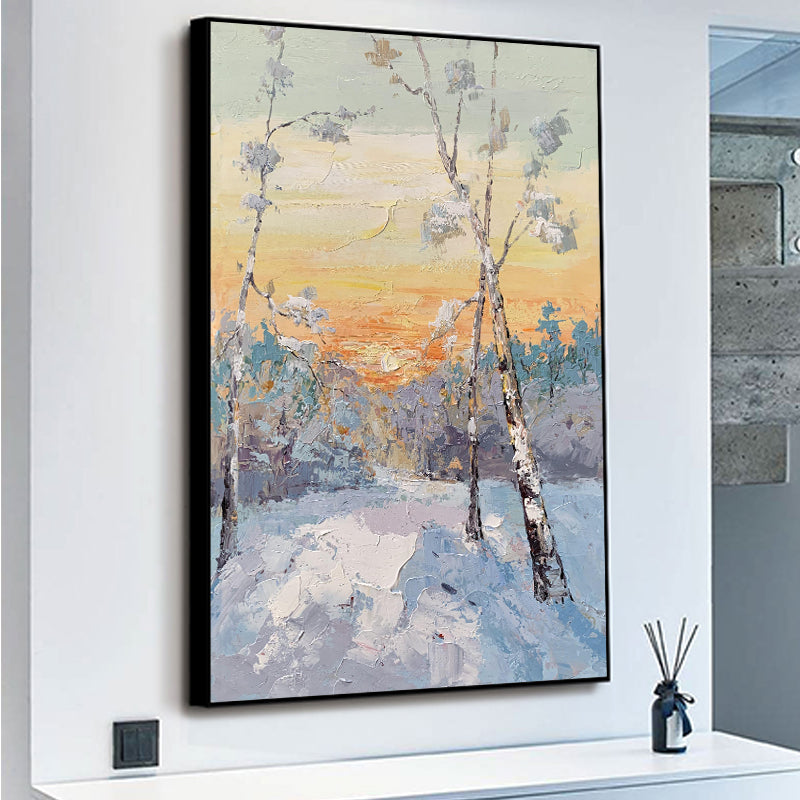 Winter Morning abstract landscape painting with snowy forest and sunrise
