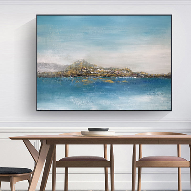 Overlooking ocean art paintings – abstract coastal seascape with blue water and horizon