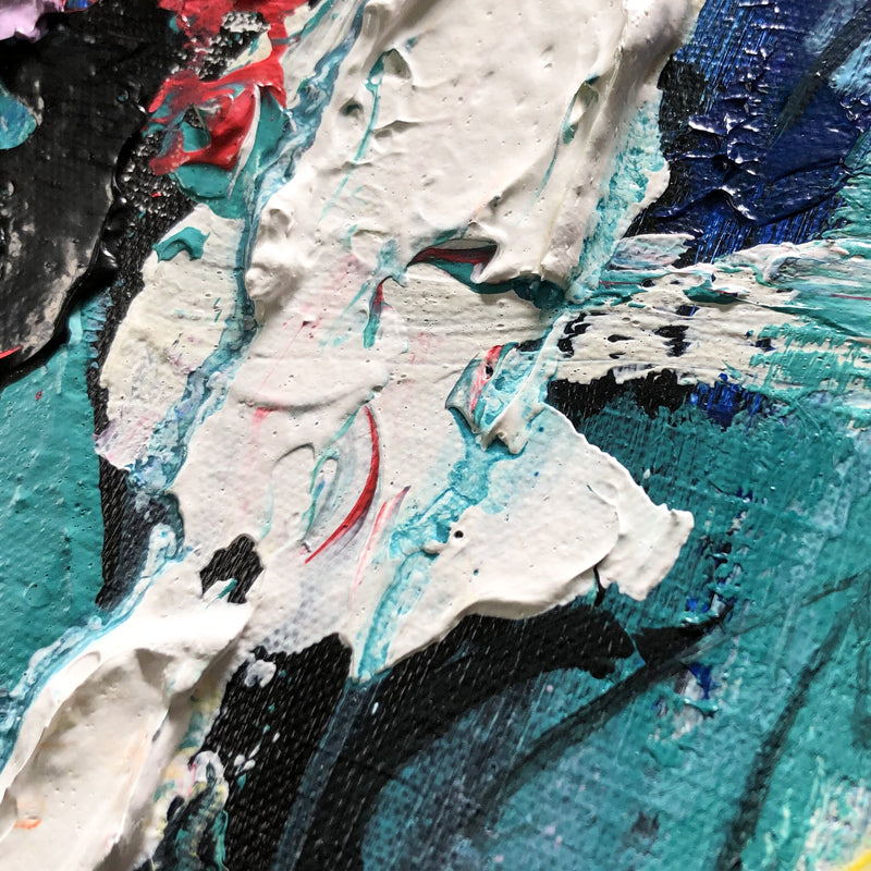 Colorful abstract wall art "Holding On" with vibrant brushstrokes in turquoise, red, purple, and yellow.