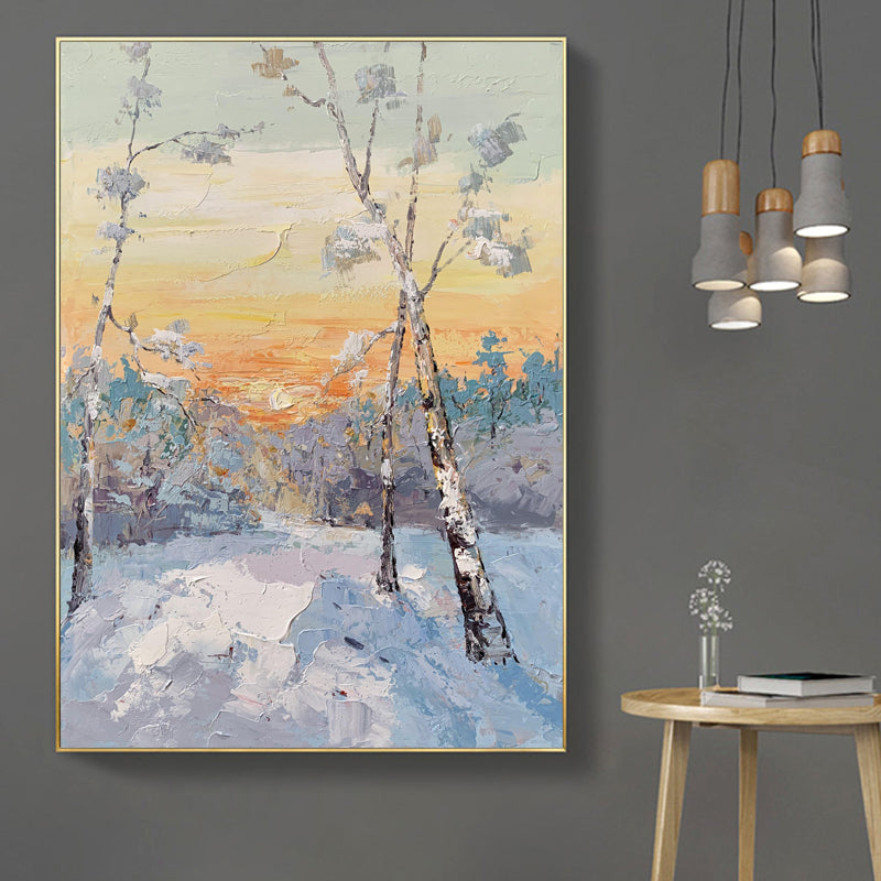 Winter Morning abstract landscape painting with snowy forest and sunrise