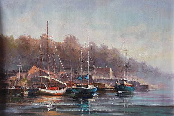 Early Fall sailboat painting of harbor with boats and autumn background