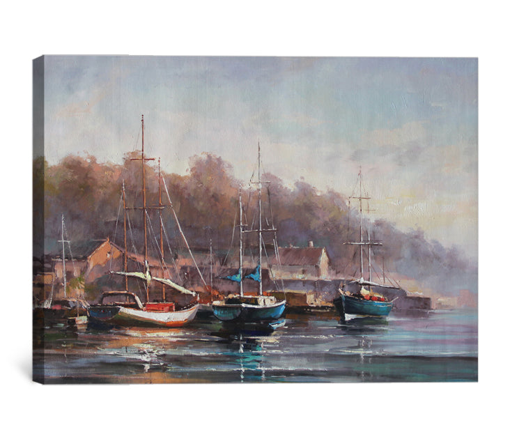Early Fall sailboat painting of harbor with boats and autumn background