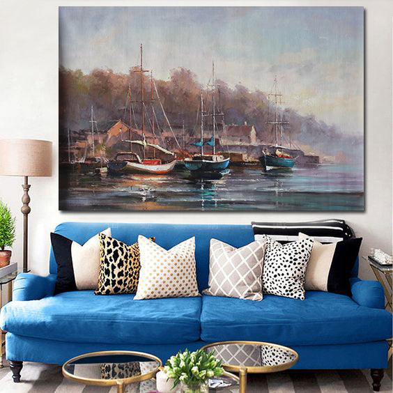 Early Fall sailboat painting of harbor with boats and autumn background