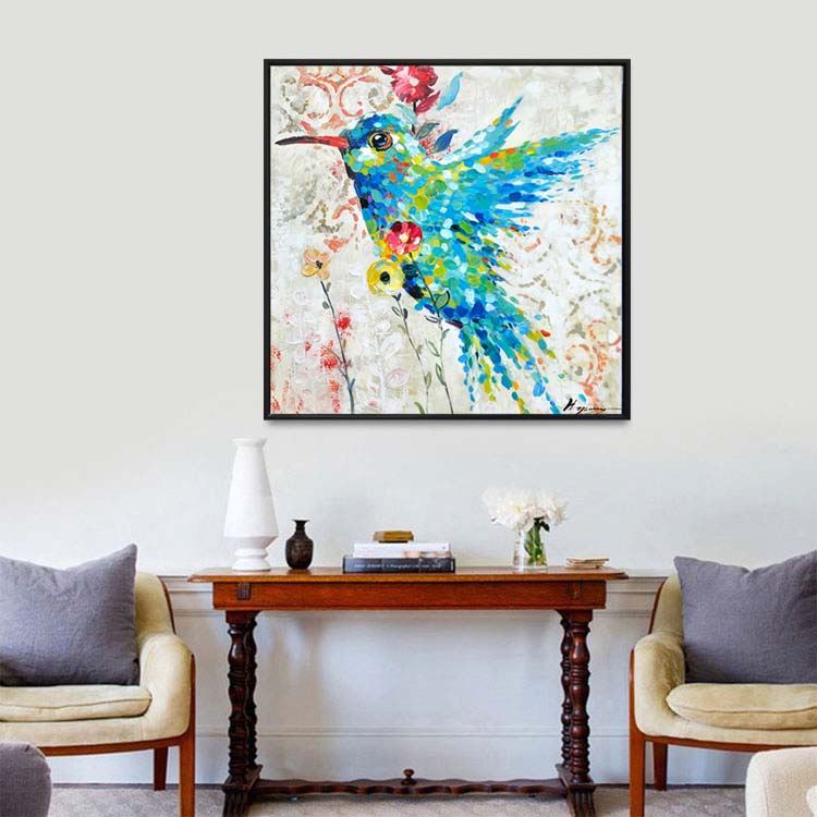 Colorful bird painting with vibrant blue and green bird surrounded by flowers on a neutral background