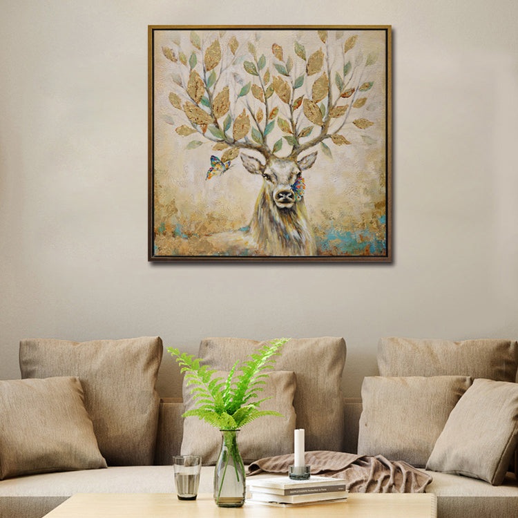 Deer wall art with antlers as tree branches and golden leaves, butterflies flying