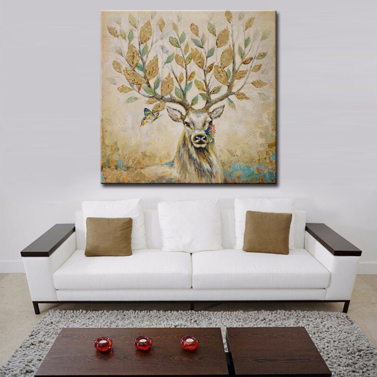 Deer wall art with antlers as tree branches and golden leaves, butterflies flying