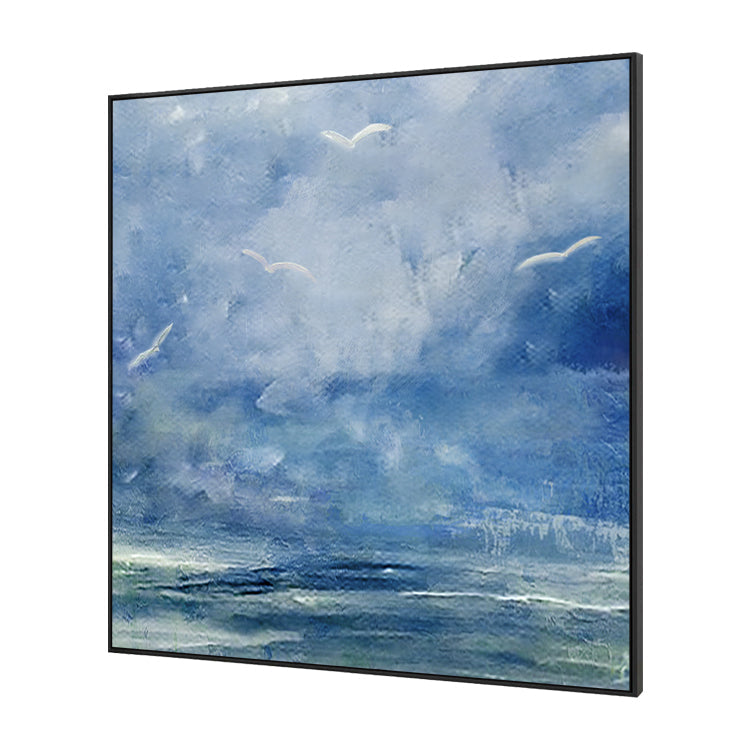 Migration painting blue abstract with birds flying in a soft sky over the sea