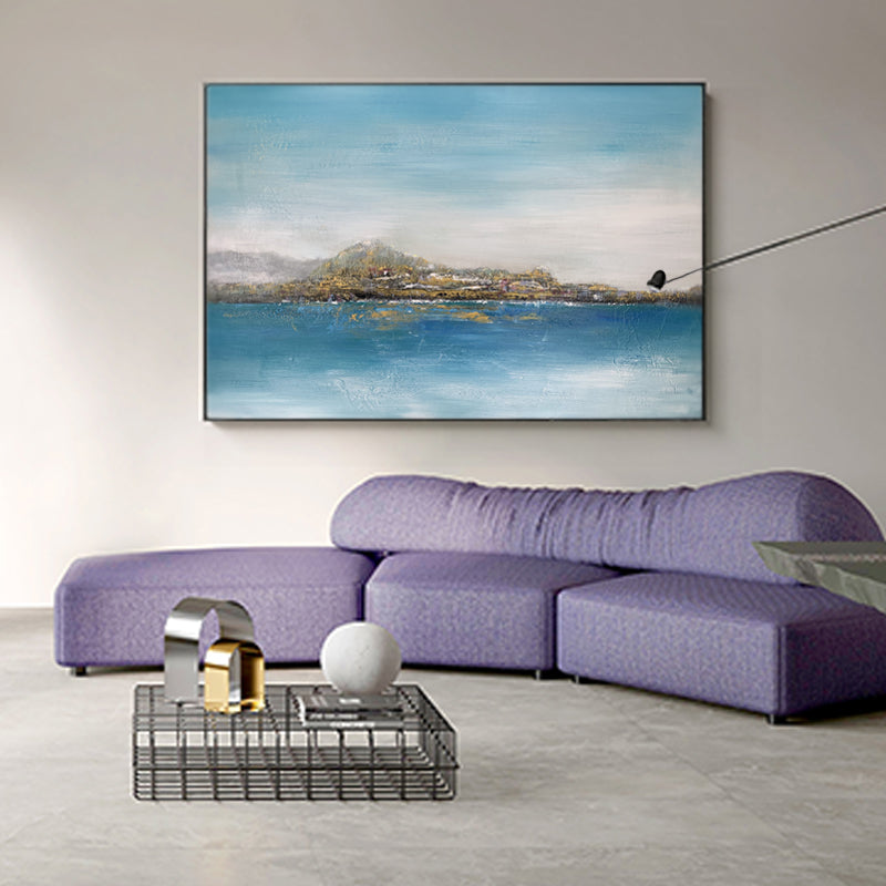 Overlooking ocean art paintings – abstract coastal seascape with blue water and horizon