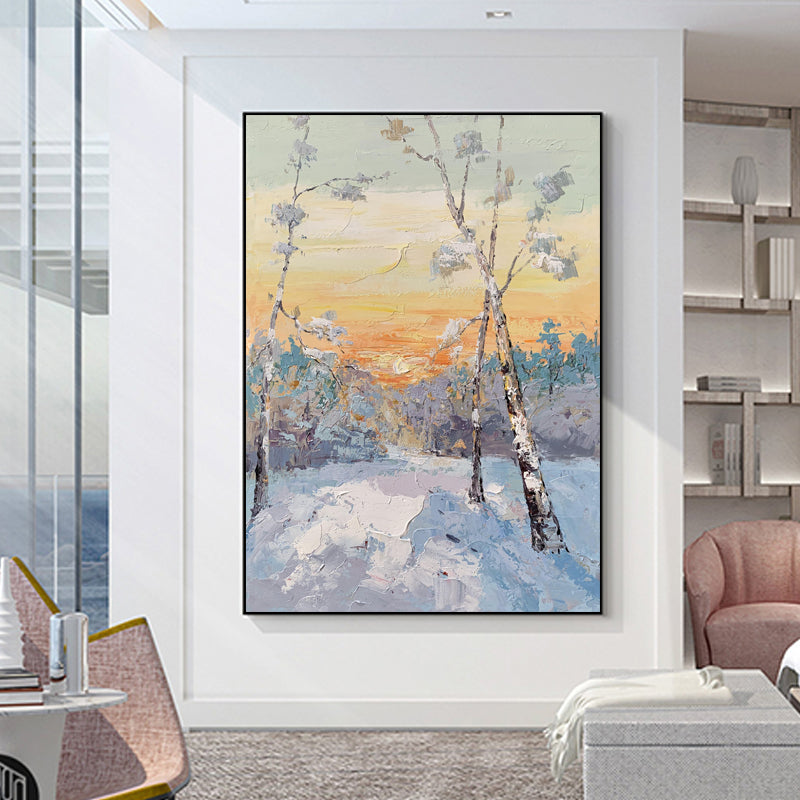 Winter Morning abstract landscape painting with snowy forest and sunrise