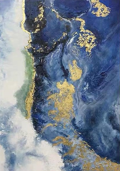 Uncharted Shores abstract wall art with blue, white, and gold textured painting