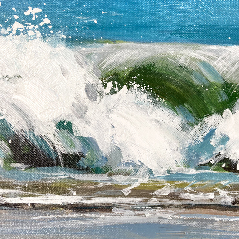 Secluded beach painting with ocean waves and sandy shore for modern wall decor