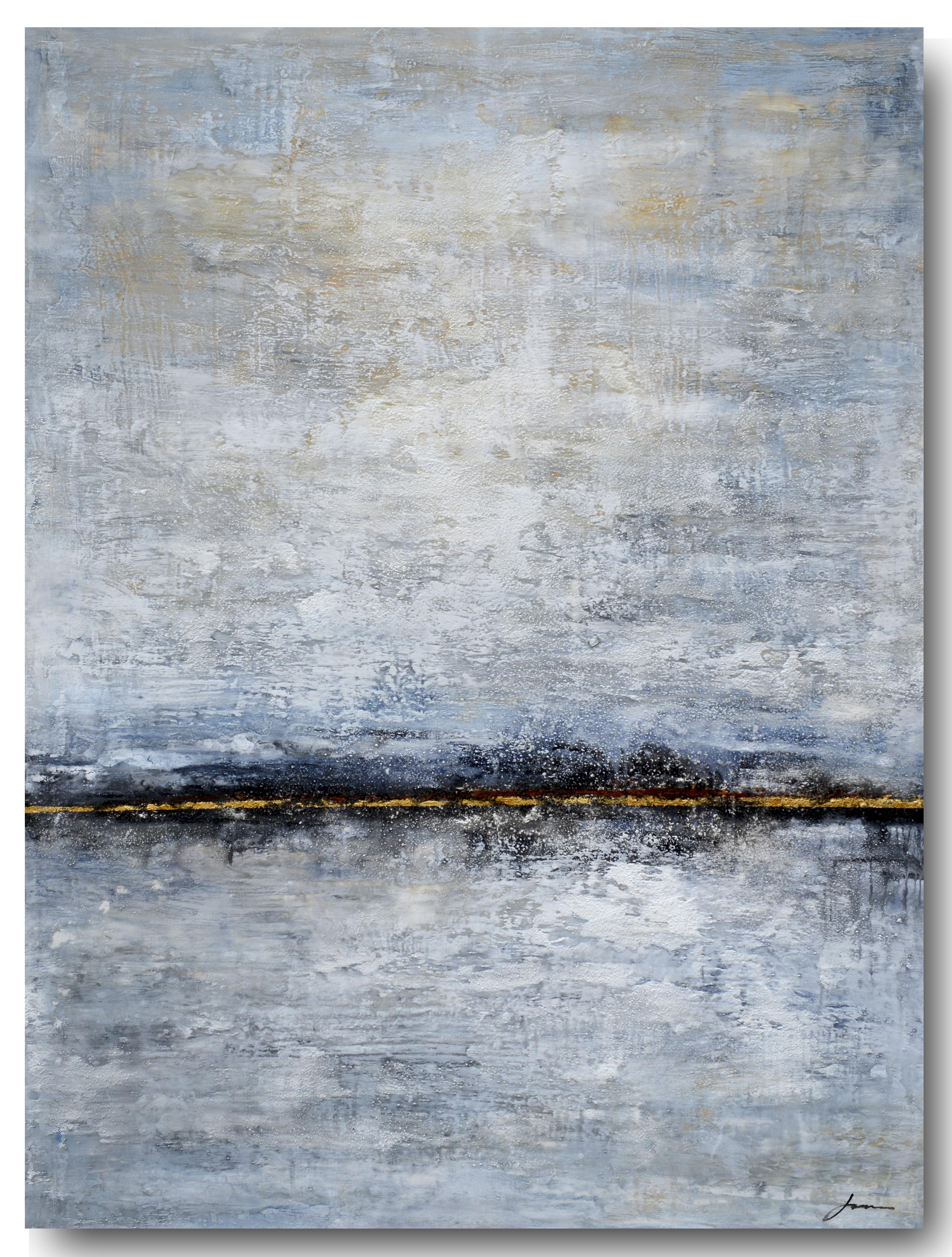 Harmonia Roses large abstract wall painting with textured grey, blue, and gold tones