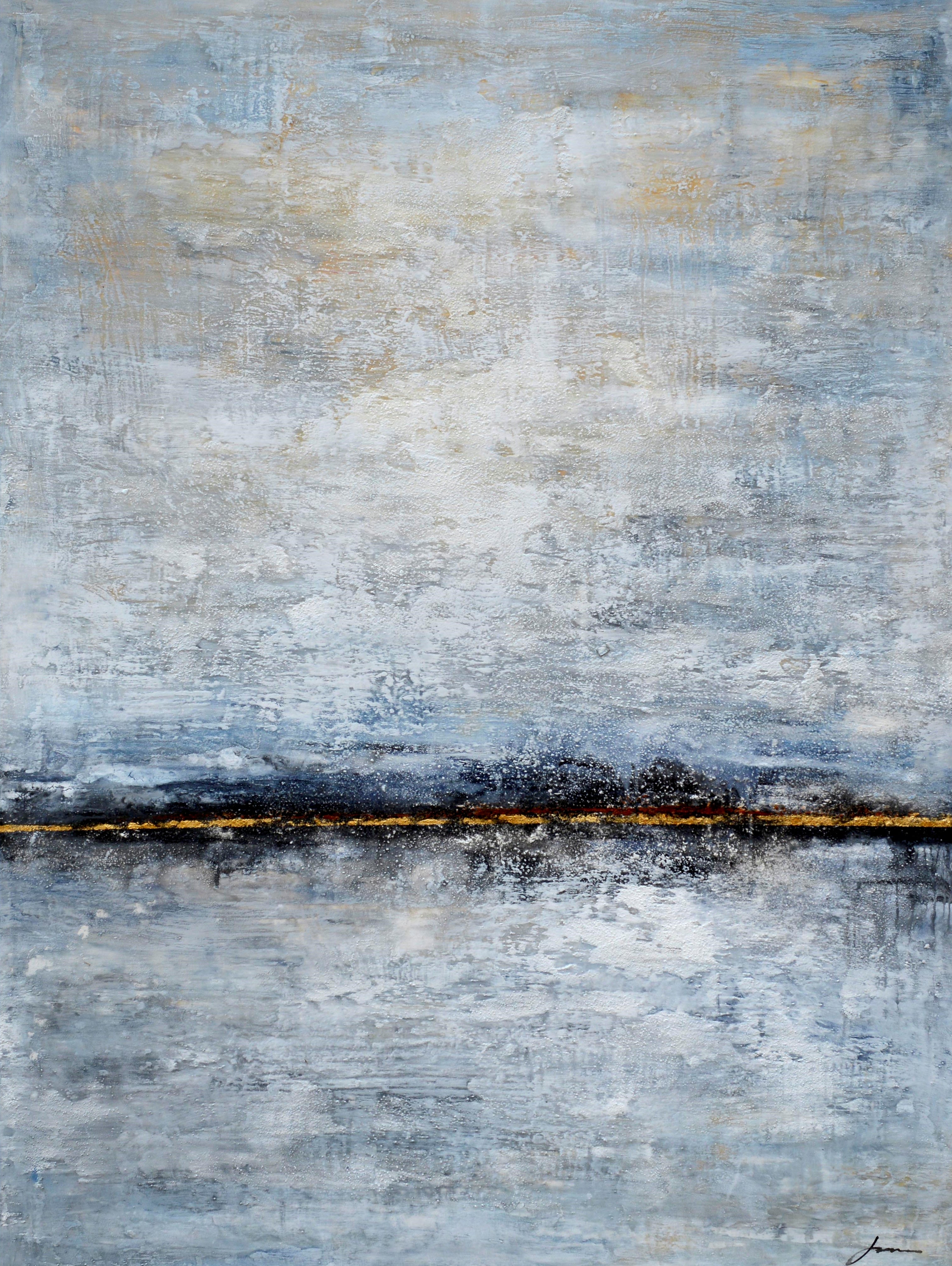 Harmonia Roses large abstract wall painting with textured grey, blue, and gold tones