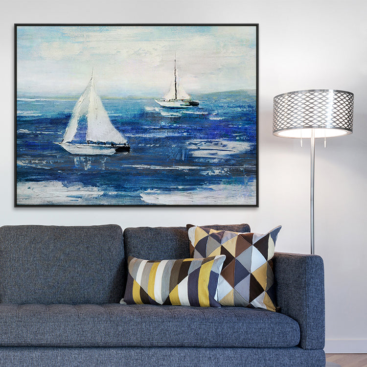 All Around The World sailboat art with two white boats on blue ocean