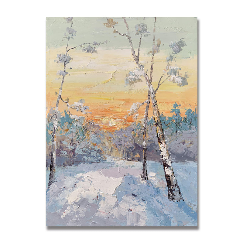 Winter Morning abstract landscape painting with snowy forest and sunrise