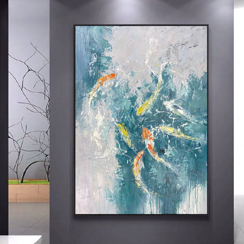Koi fish wall art with colorful koi swimming in blue water, symbolizing prosperity and happiness