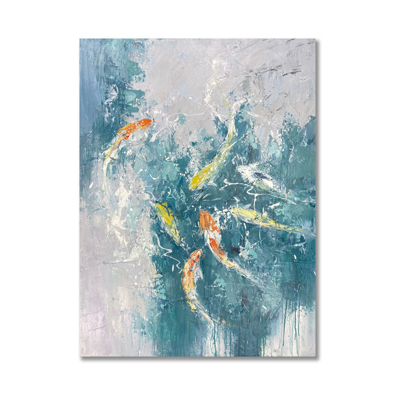 Koi fish wall art with colorful koi swimming in blue water, symbolizing prosperity and happiness