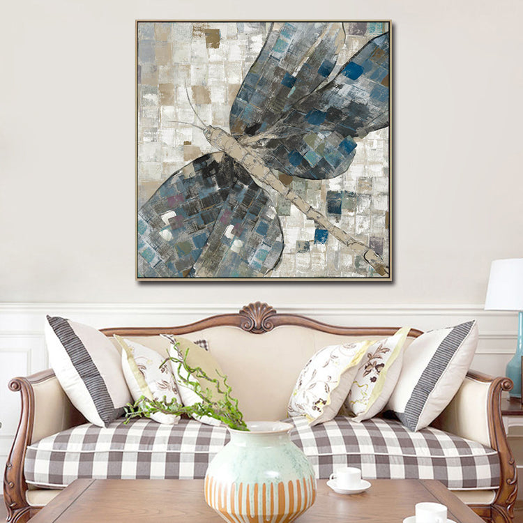 Abstract dragonfly wall art painting with textured blue and gray wings, modern oil canvas décor
