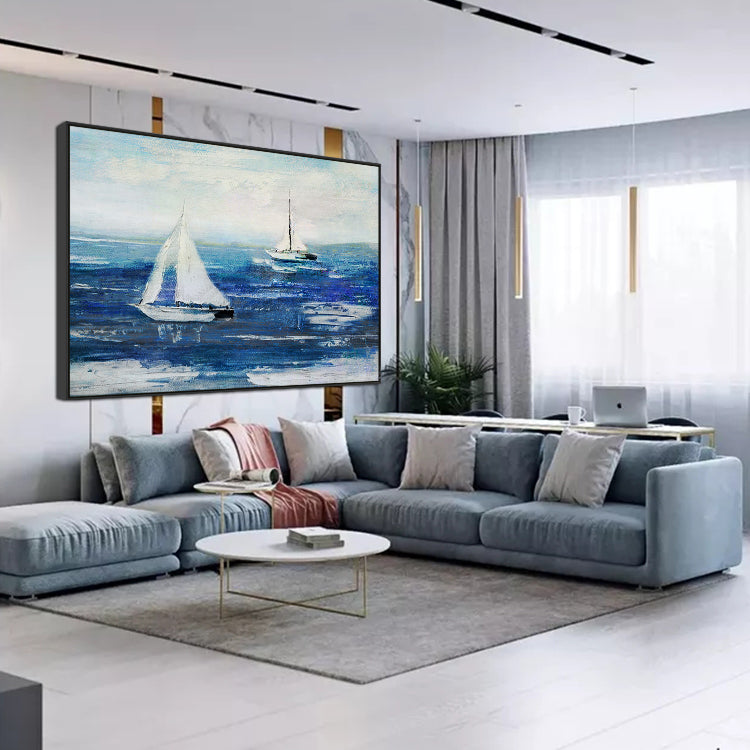 All Around The World sailboat art with two white boats on blue ocean