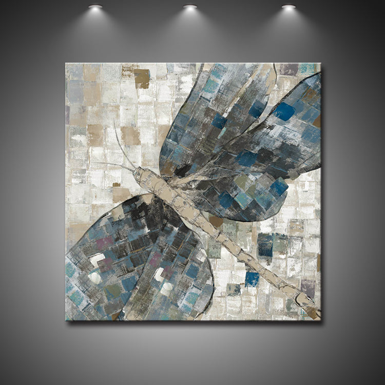 Abstract dragonfly wall art painting with textured blue and gray wings, modern oil canvas décor
