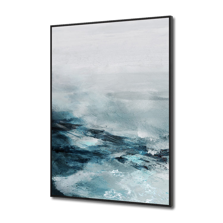 Typhoon abstract wave painting in blue, grey, and white modern wall art