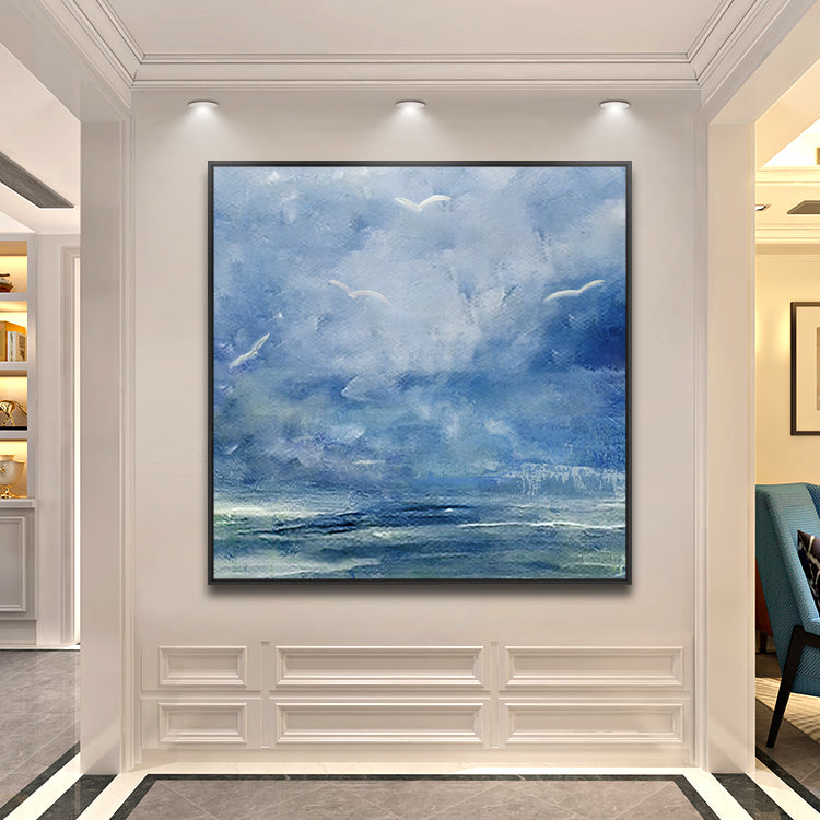 Migration painting blue abstract with birds flying in a soft sky over the sea