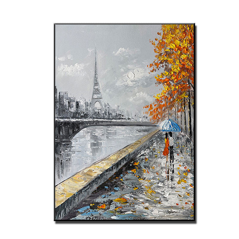 Love Profound Paris wall art with Eiffel Tower, autumn trees, and romantic couple under umbrella