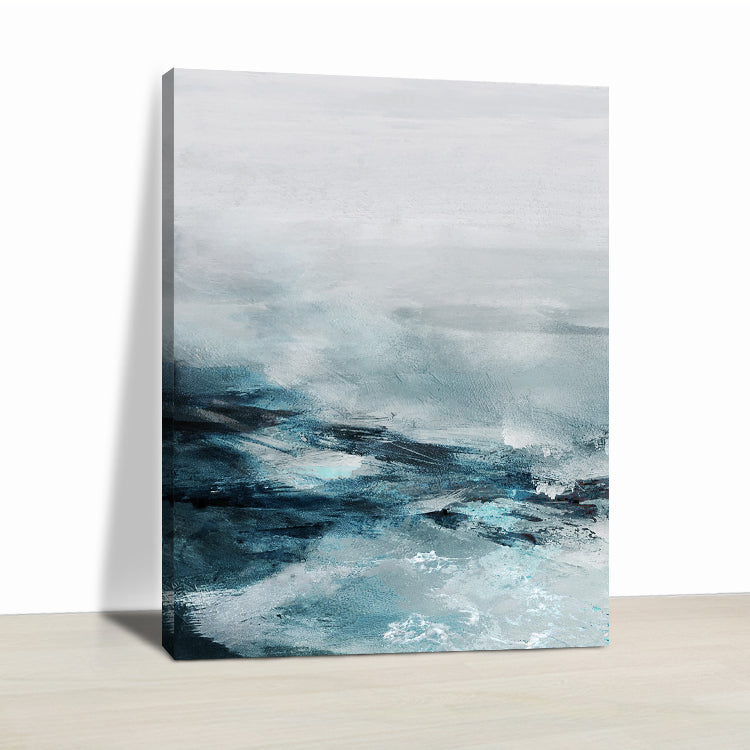 Typhoon abstract wave painting in blue, grey, and white modern wall art