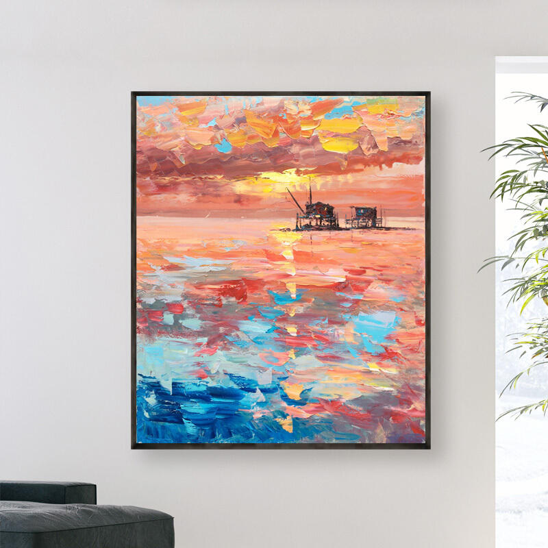 Pink Sky and Sunset – Colorful Wall Art Abstract Ocean Painting with Oil Platform