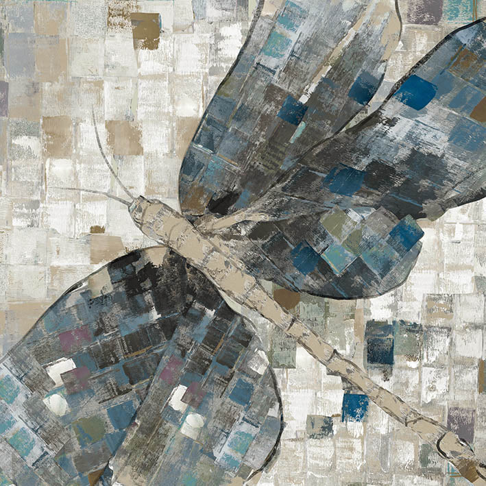 Abstract dragonfly wall art painting with textured blue and gray wings, modern oil canvas décor