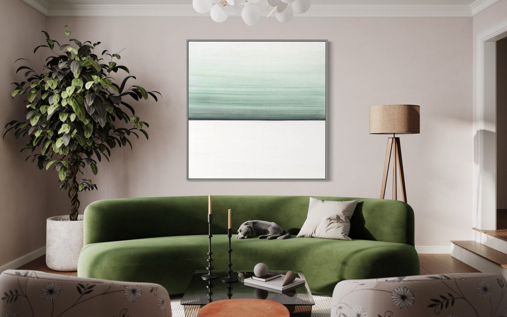 Abstract oversized wall art in green and white tones, perfect for modern living rooms.