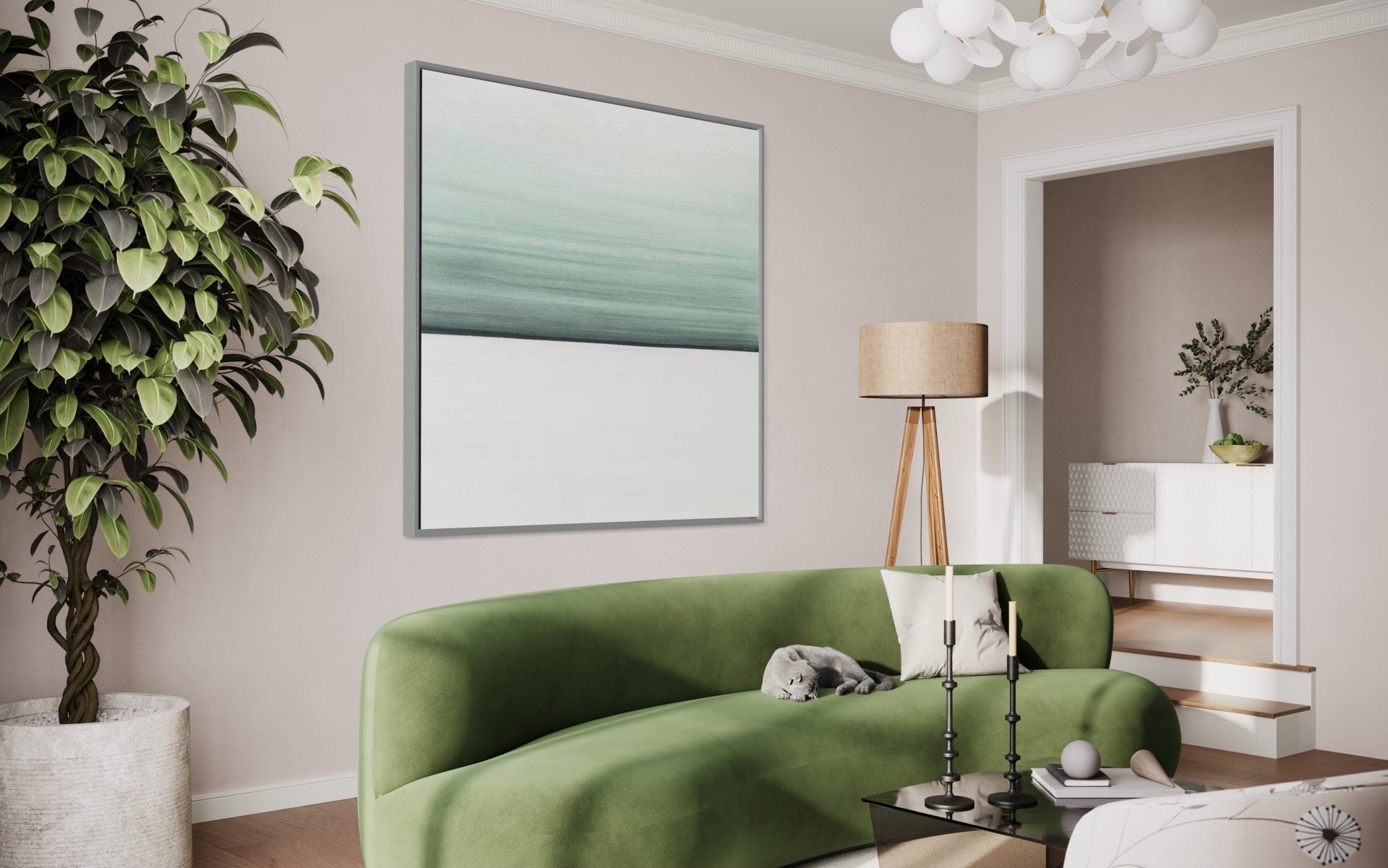 Abstract oversized wall art in green and white tones, perfect for modern living rooms.