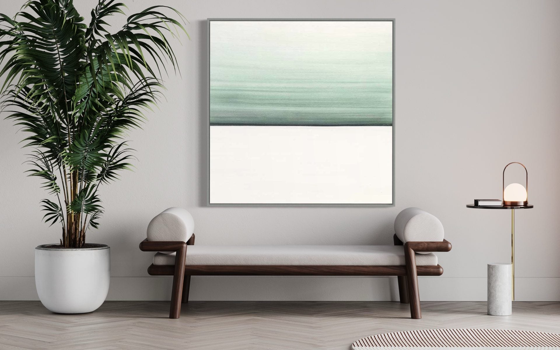 Abstract oversized wall art in green and white tones, perfect for modern living rooms.