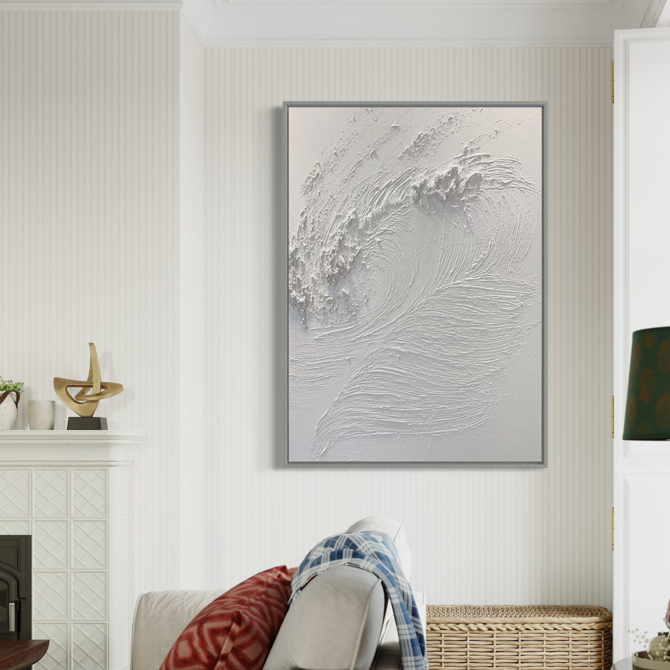 White abstract painting with textured wave-like patterns – White Waves