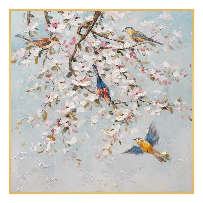 Blue bird painting with two birds on blossoming branches – Spirits