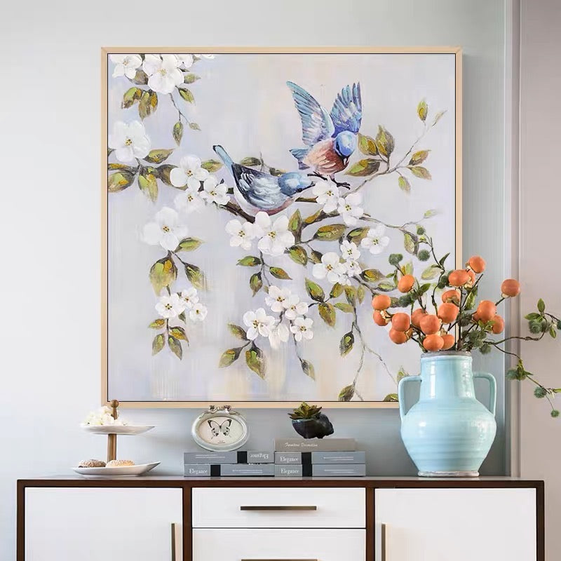 Birds on branch wall art with two blue birds and white blossoms – Spirits