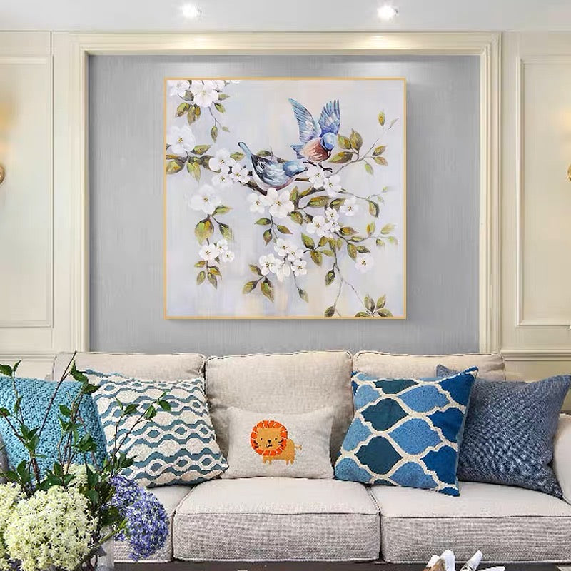 Birds on branch wall art with two blue birds and white blossoms – Spirits