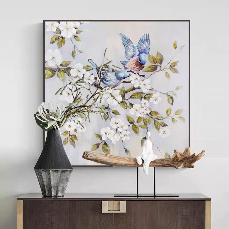 Birds on branch wall art with two blue birds and white blossoms – Spirits