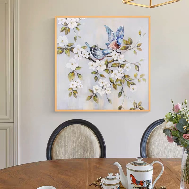 Birds on branch wall art with two blue birds and white blossoms – Spirits