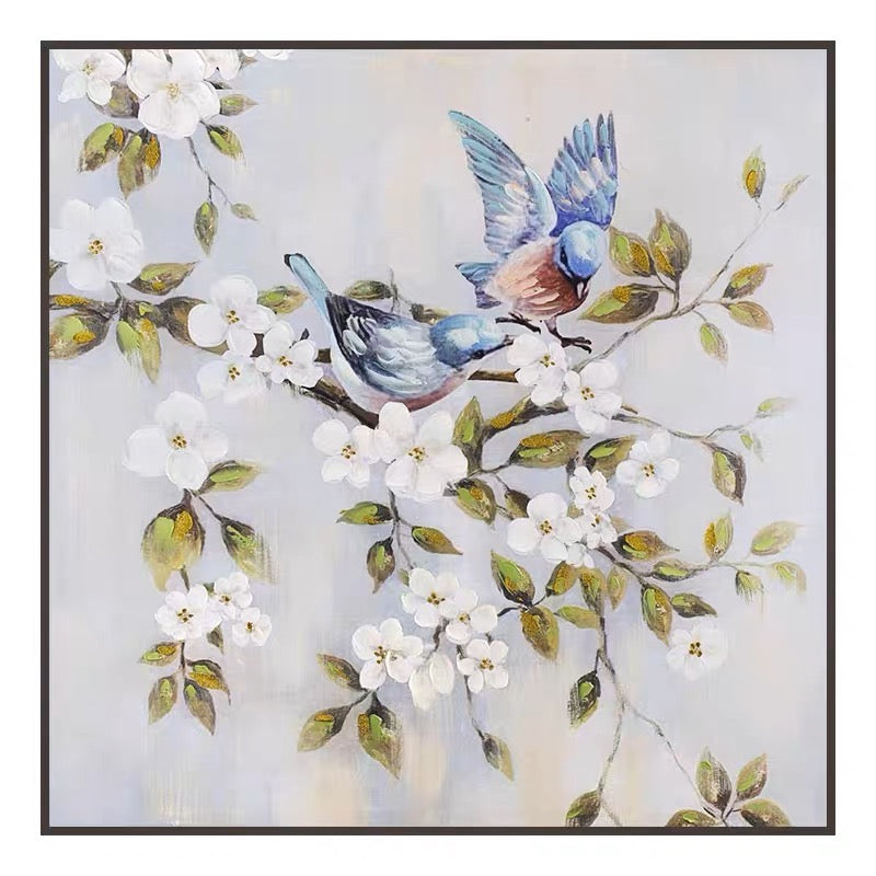 Birds on branch wall art with two blue birds and white blossoms – Spirits