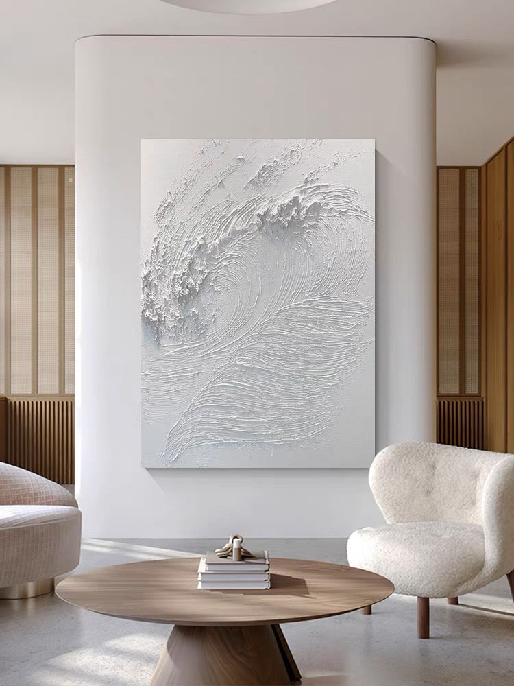 White abstract painting with textured wave-like patterns – White Waves