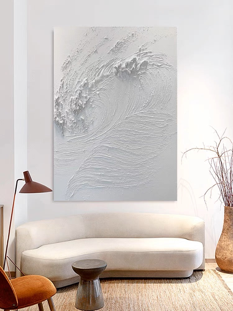 White abstract painting with textured wave-like patterns – White Waves