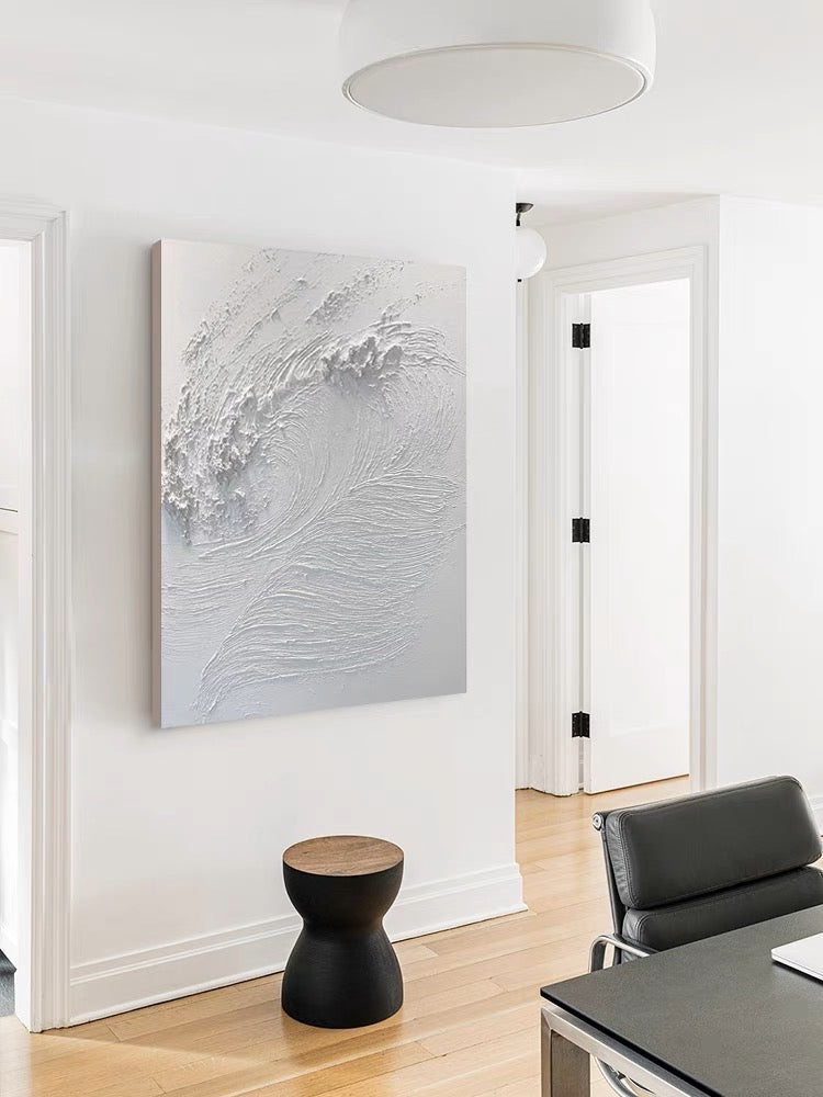 White abstract painting with textured wave-like patterns – White Waves